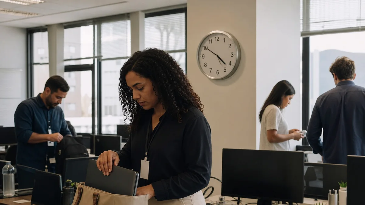 Profissionais em escritório brasileiro ao fim do expediente com relógio de parede ao fundo