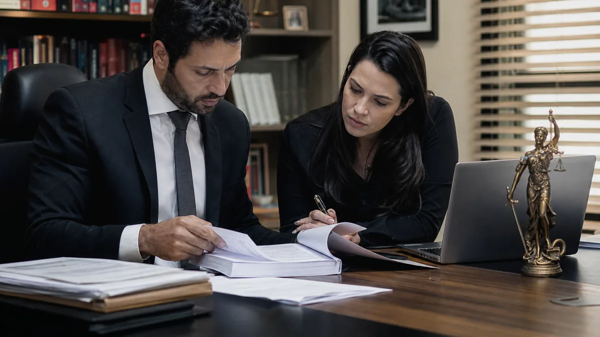 Advogado e assistente técnico revisam laudo pericial impresso sobre mesa com documentos e notebook