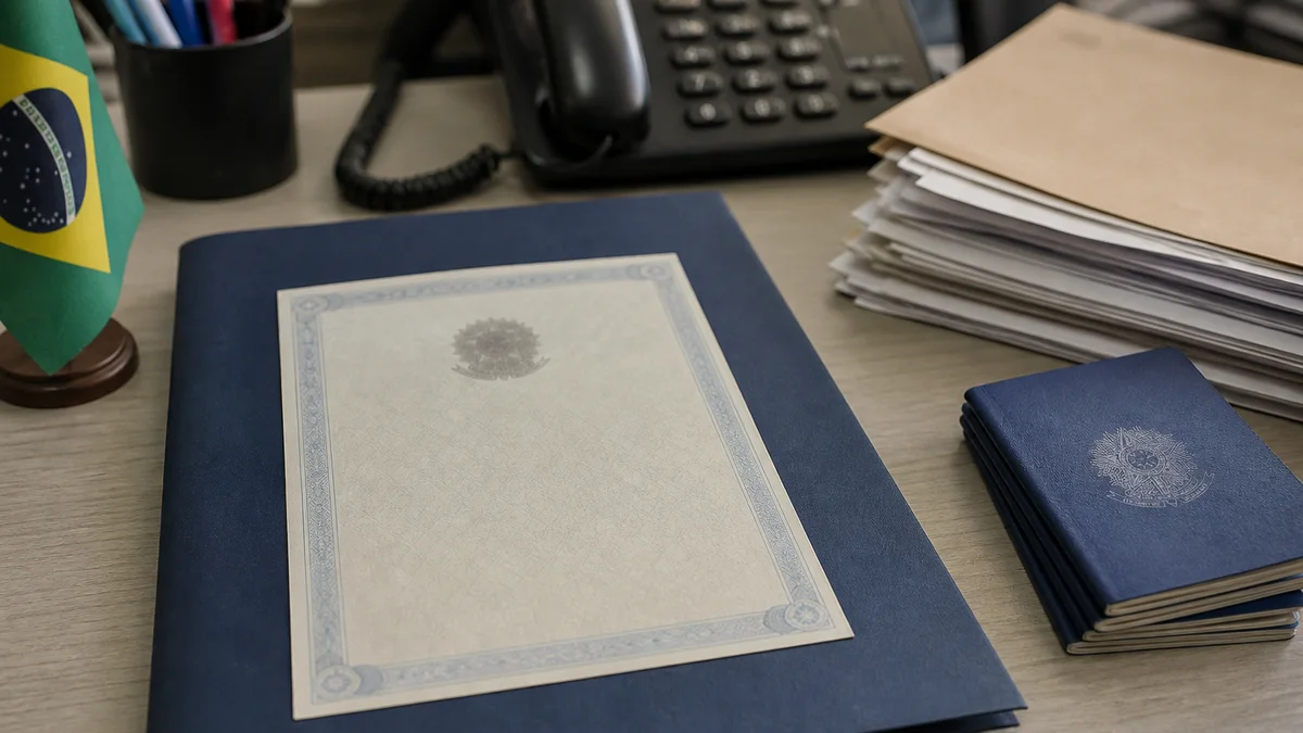 Certidão de óbito e documentos trabalhistas organizados sobre mesa de escritório sob luz natural