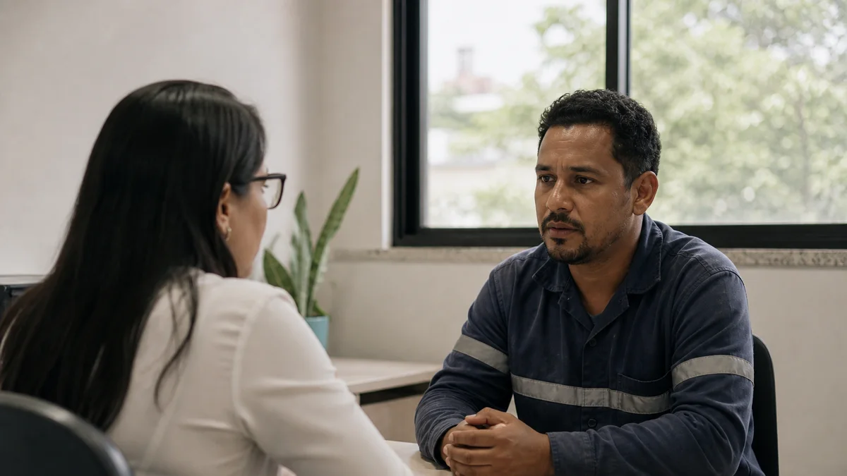 Trabalhador conversa com atendente do RH em escritório brasileiro ao comunicar falecimento na família
