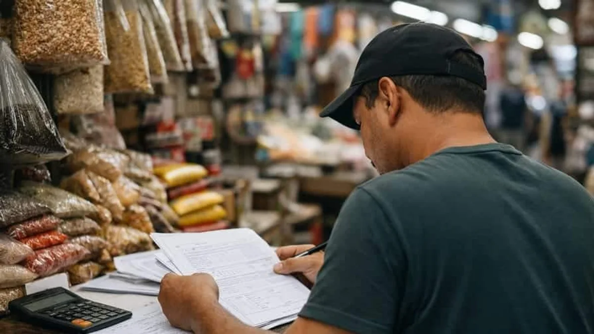 Vendedor no Mercadão de Madureira analisando documentos em banca comercial popular no Rio de Janeiro