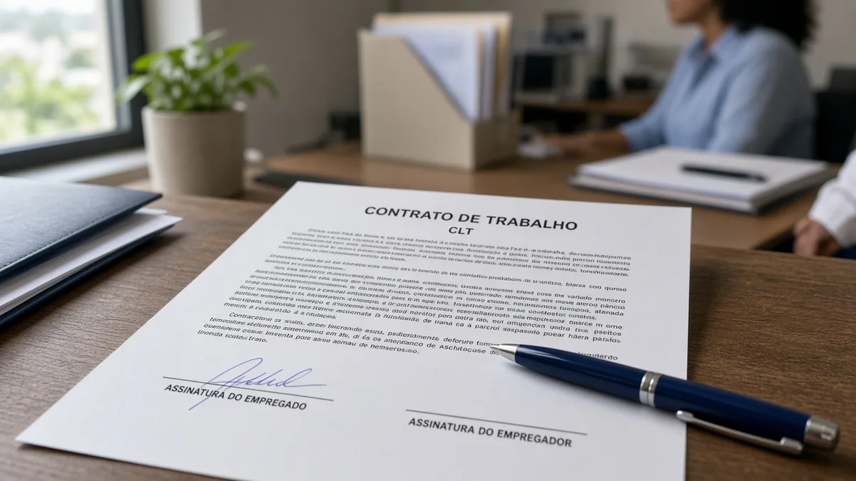 Contrato trabalhista assinado e caneta sobre mesa com luz diurna suave em escritório brasileiro.