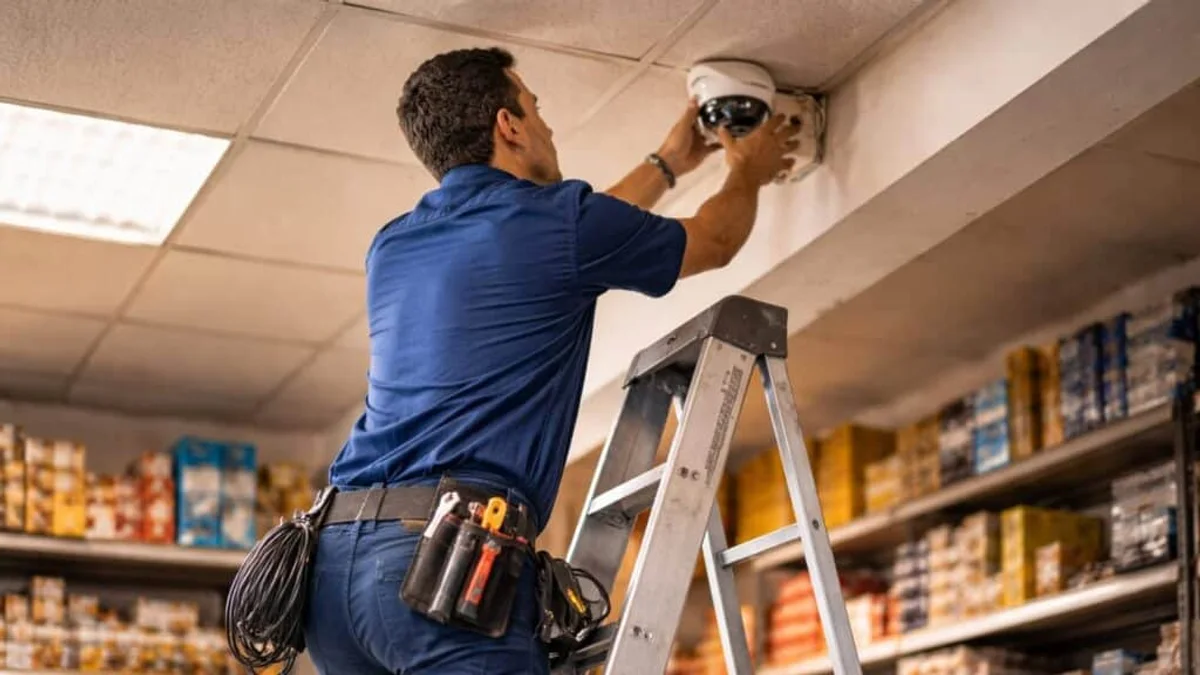 Instalador de sistemas de segurança ajusta câmera de vigilância em ambiente comercial