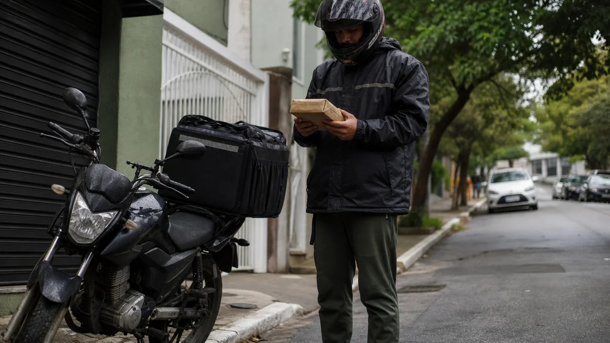 Motoboy com capacete e jaqueta entrega pacote em rua urbana brasileira sob luz do dia