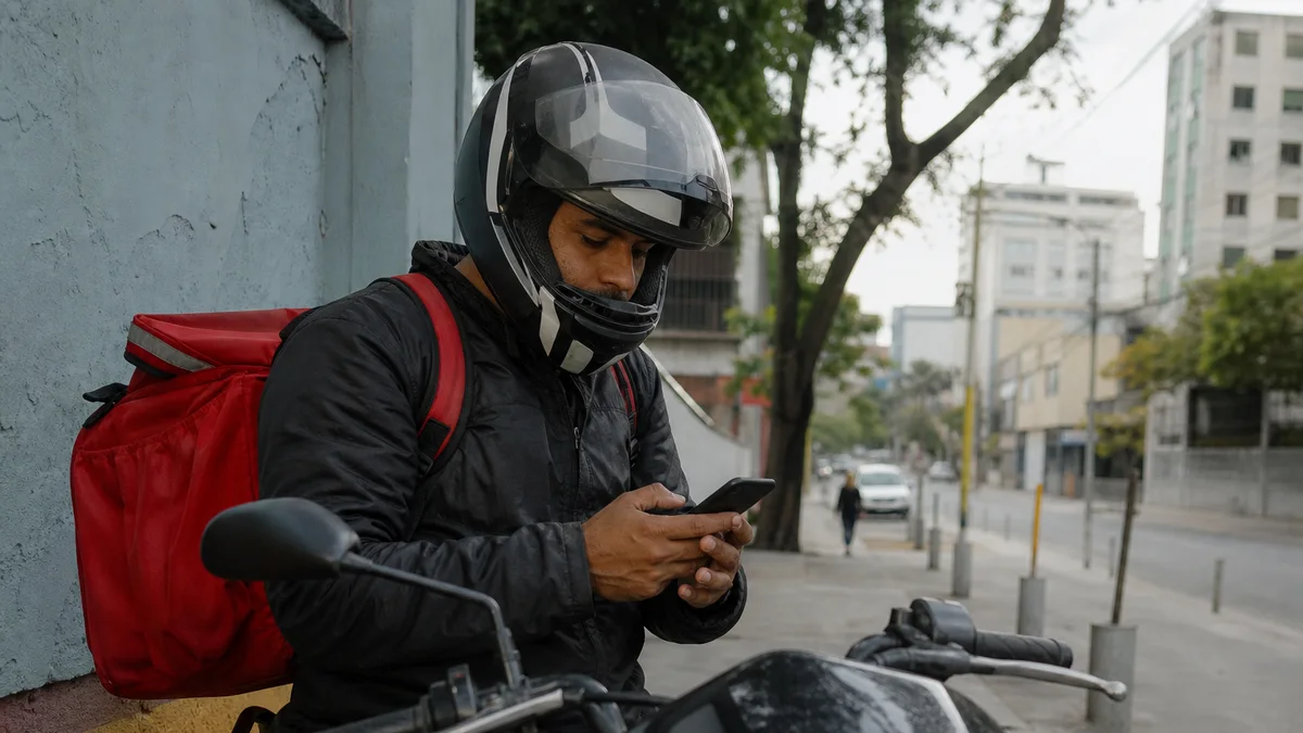 Motociclista de trabalho confere rota no celular parado na calçada de cidade brasileira