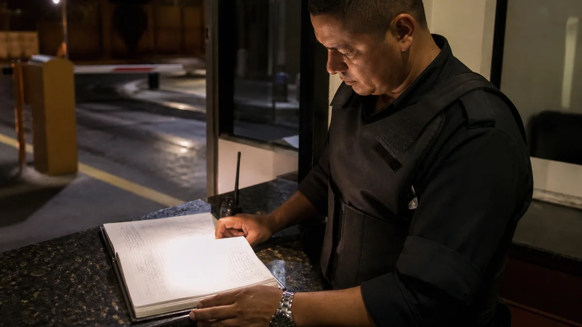 Vigilante revisa livro de ocorrências em guarita iluminada durante plantão noturno no Brasil