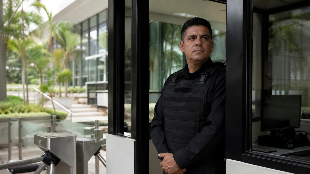 Vigilante de uniforme em posto de acesso de prédio comercial brasileiro observa entrada durante o dia