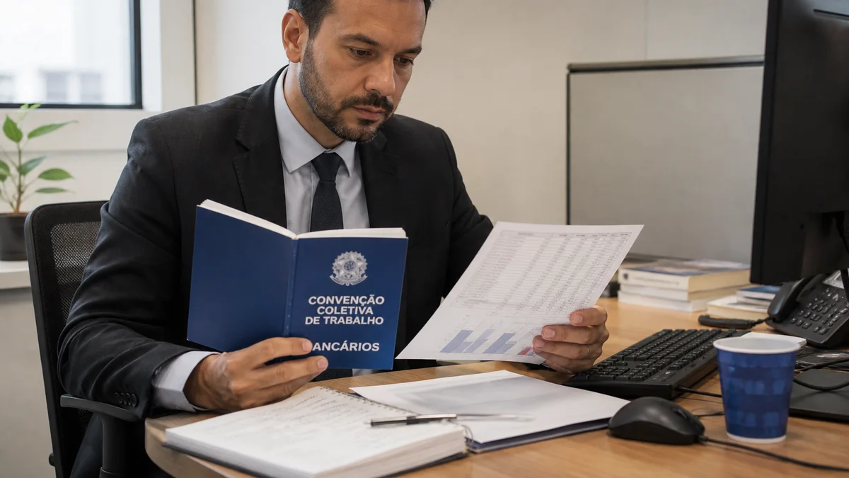 Profissional bancário analisa acordo coletivo e planilha de metas de PLR no escritório