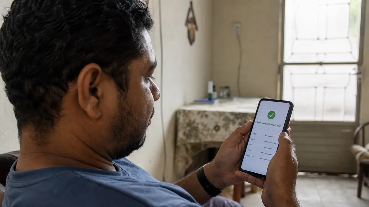 Trabalhador confere comprovante bancário do pagamento das verbas rescisórias no celular