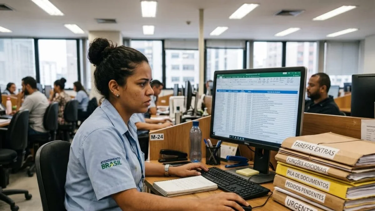 Trabalhadora com uniforme de escritório olhando para o computador e documentos com tarefas extras, em um ambiente de escritório.