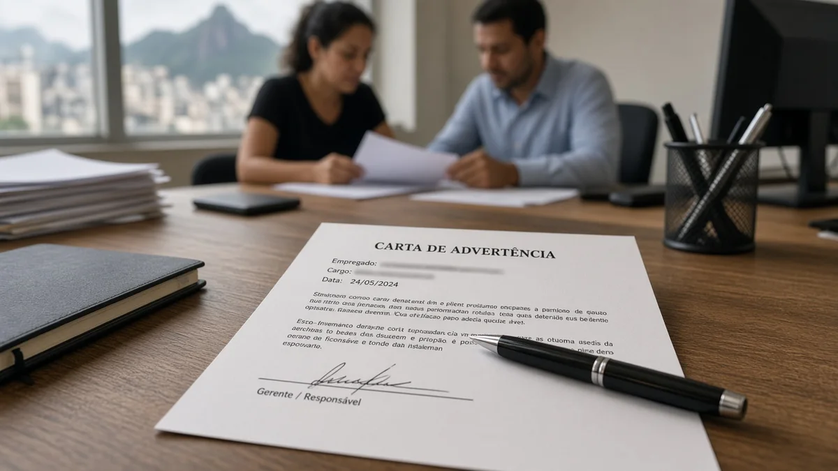Cena editorial Servidio: carta de advertencia escrita e caneta sobre mesa de escritorio, em escritório jurídico brasileiro com luz natural realista.