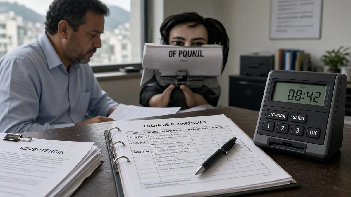 Detalhe prático: relogio de ponto e folha de ocorrencias aberta na mesa, em escritório trabalhista Servidio com documentos e luz natural à vista.