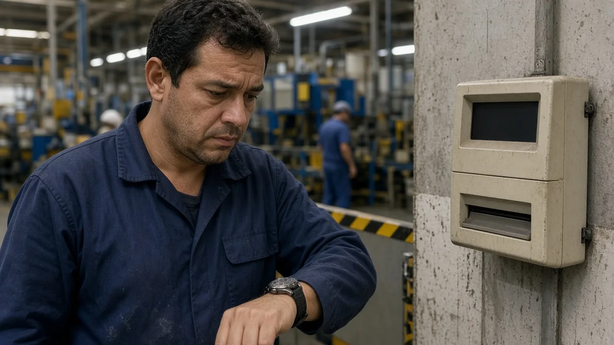 Detalhe prático: operário em chão de fábrica, olhando relógio de ponto com preocupação, em cena trabalhista Servidio com luz natural e materiais reais à vista.