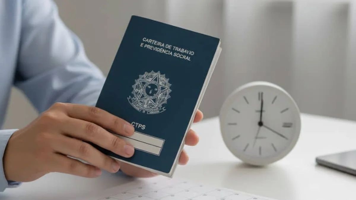 Mãos segurando carteira de trabalho ao lado de relógio e calendário, contexto de seguro-desemprego e prazos