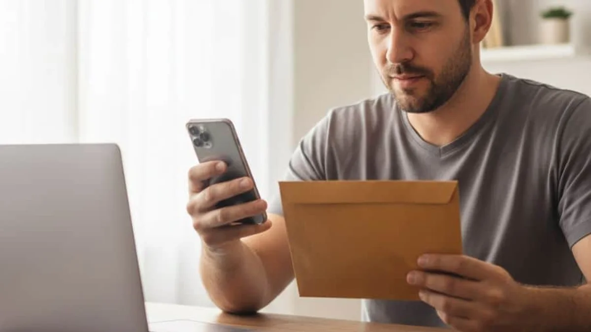 Trabalhador com envelope e celular ao lado do notebook, verificando informações de seguro-desemprego em casa.