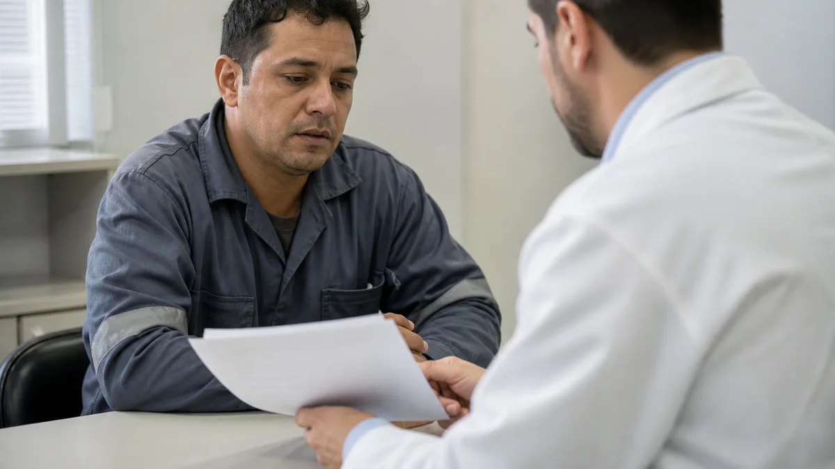 Trabalhador em consulta médica por esgotamento relacionado ao trabalho