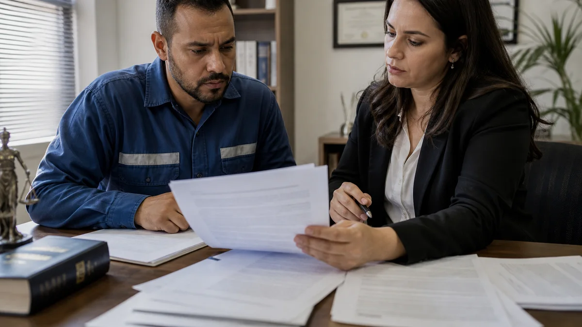 Trabalhador e advogado analisam contrato de terceirização e documentos de vínculo
