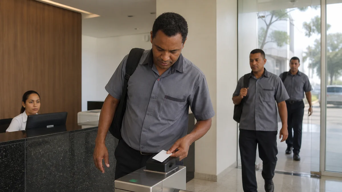 Trabalhadores terceirizados na entrada de empresa tomadora de serviços com crachás