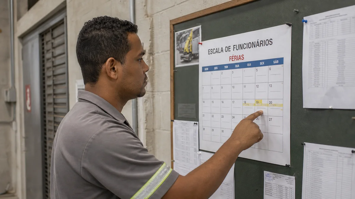 Funcionário confere escala de plantão com feriados marcados em quadro de avisos da empresa