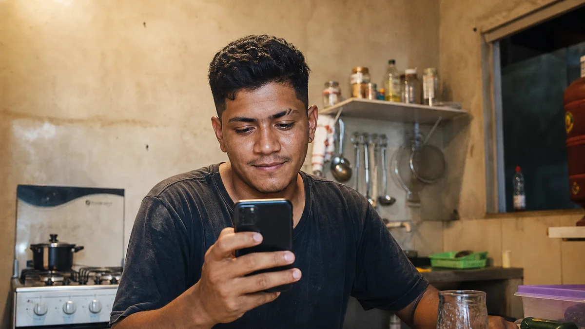 Trabalhador sem carteira assinada confere pagamento via Pix no celular após o expediente