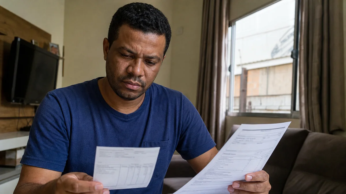Trabalhador terceirizado confere holerite e documentos envolvendo prestadora e tomadora