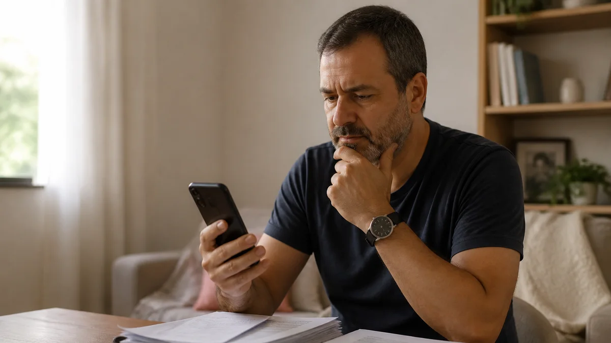 Cliente consulta andamento do processo no celular ao lado de pasta de documentos jurídicos