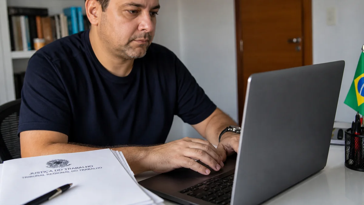 Trabalhador consulta andamento do processo no PJe do TRT-1 no notebook