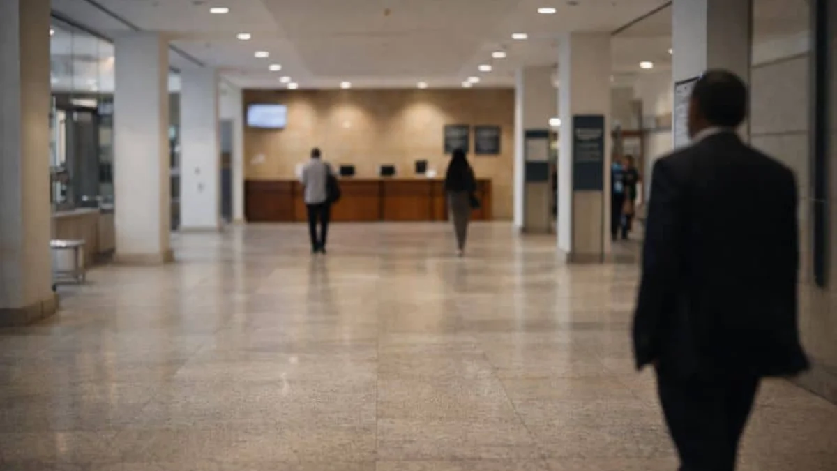 Corredor interno de tribunal trabalhista com piso de pedra, iluminação uniforme e pessoas caminhando no ambiente público