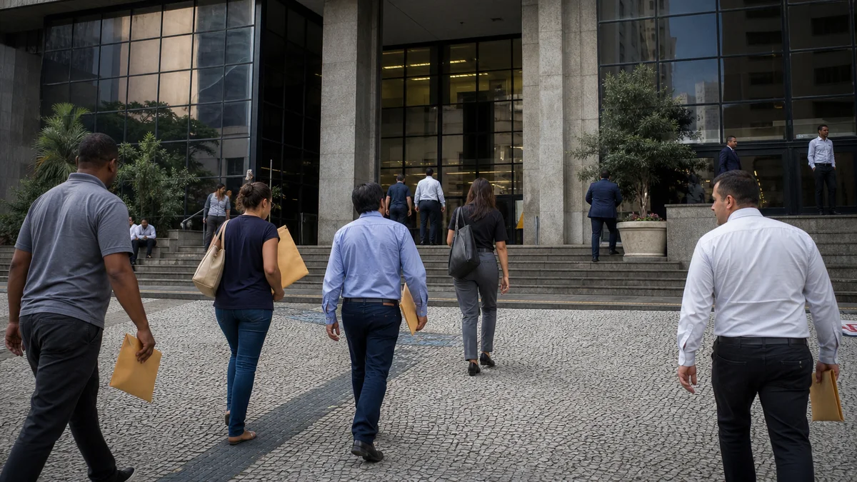 Trabalhadores chegam ao prédio da Justiça do Trabalho no Rio de Janeiro com pastas de documentos