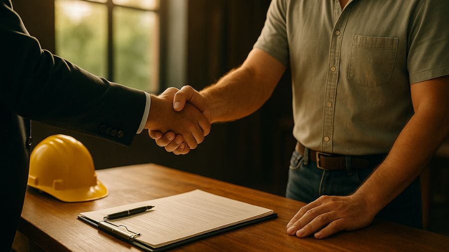 Advogado trabalhista em escritório apertando a mão de trabalhador da construção civil com contrato e capacete sobre a mesa