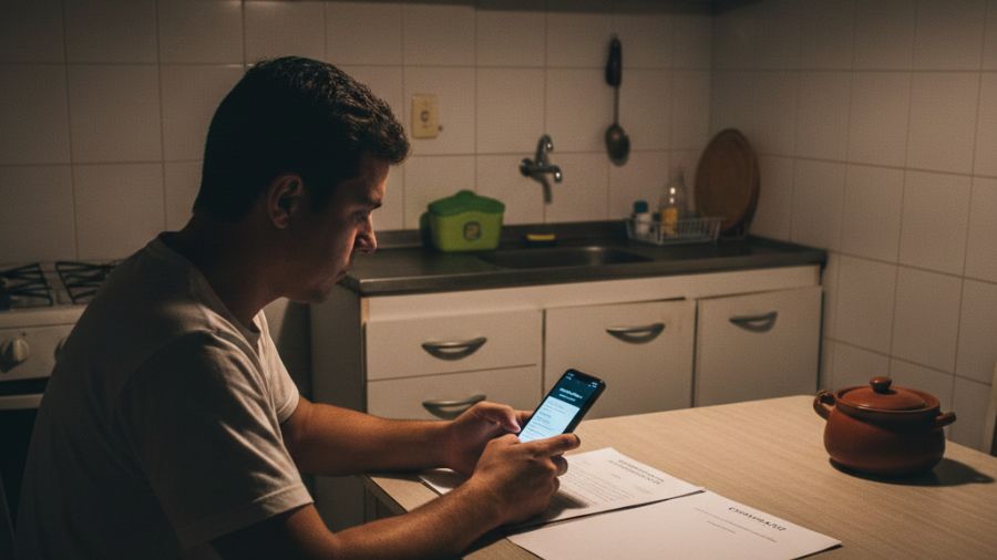 Trabalhador em cozinha simples olhando celular e papéis, acompanhando andamento do processo no TRT e tirando dúvidas iniciais