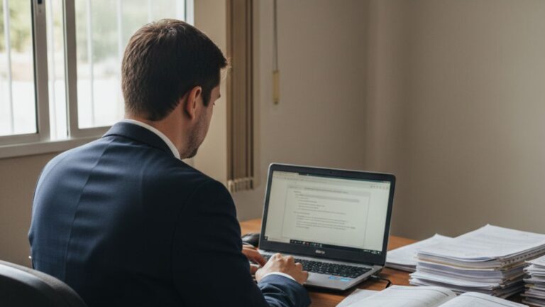 Advogado de costas usando notebook e papéis na mesa, advogado trabalhando no processo, usada como imagem destacada do artigo