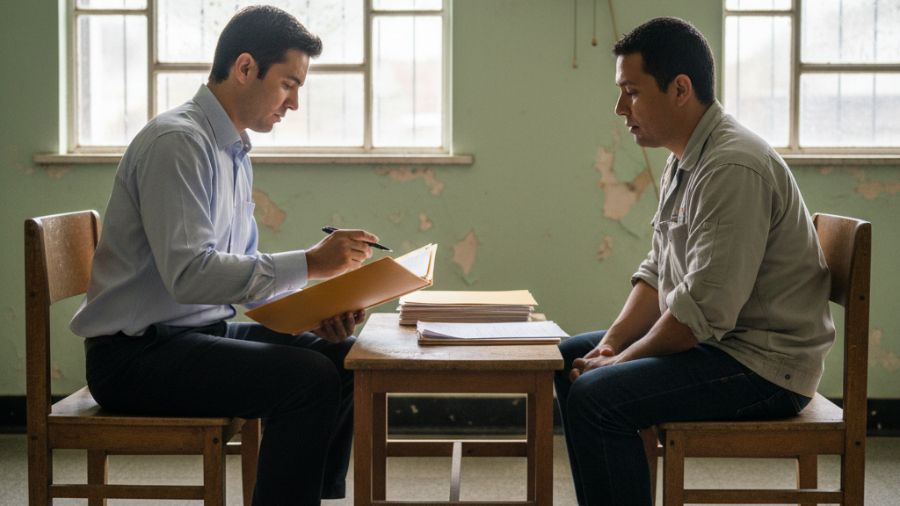 Advogado analisando documentos frente a trabalhador em sala modesta, durante conversa de orientação jurídica