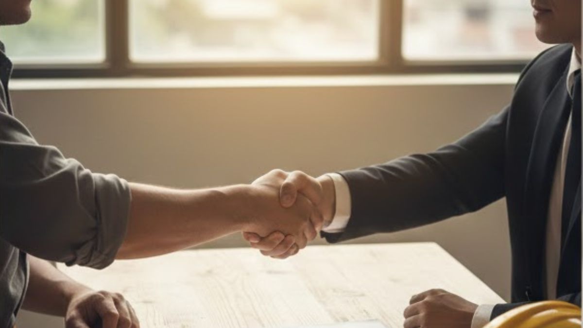 Aperto de mãos entre trabalhador e advogado trabalhista em ambiente de atendimento