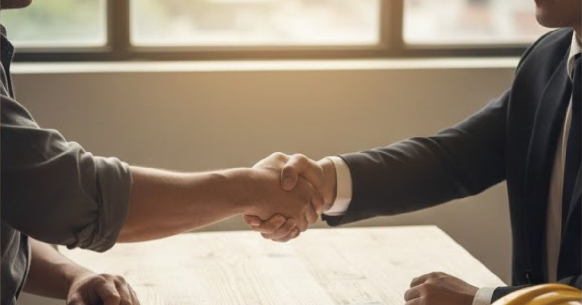 Aperto de mãos entre trabalhador e advogado trabalhista em ambiente de atendimento, usada como imagem destacada do artigo