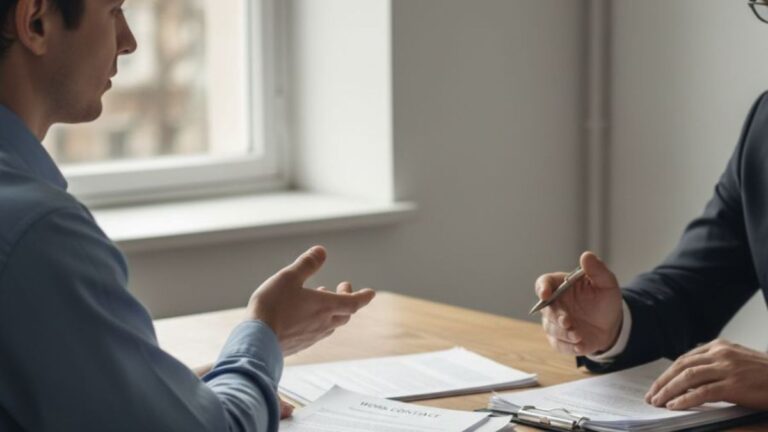 Trabalhador em conversa com advogado trabalhista sobre documentos de trabalho em mesa de atendimento, usada como imagem destacada do artigo