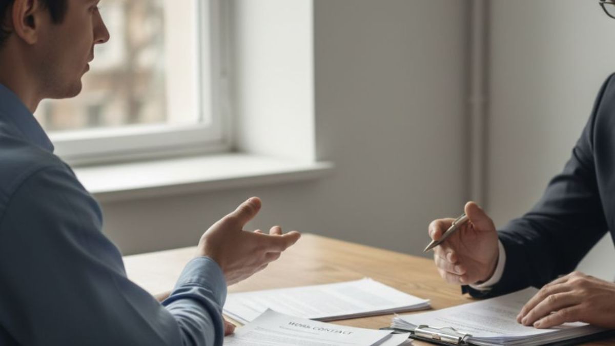 Trabalhador em conversa com advogado trabalhista sobre documentos de trabalho em mesa de atendimento, usada como imagem destacada do artigo