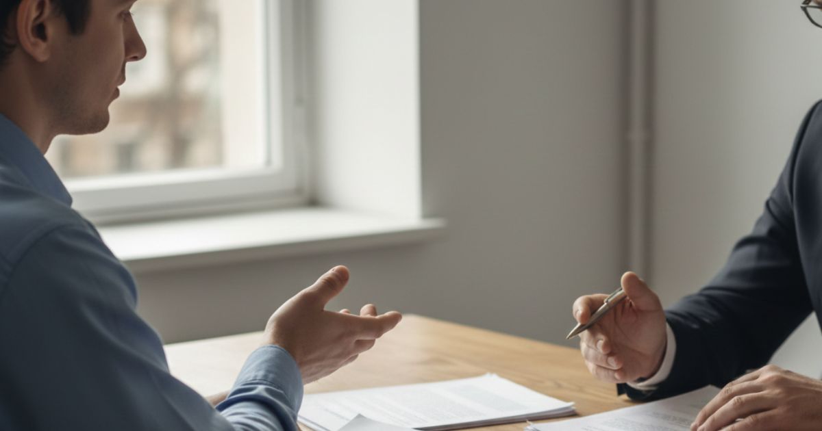 Trabalhador em conversa com advogado trabalhista sobre documentos de trabalho em mesa de atendimento, usada como imagem destacada do artigo