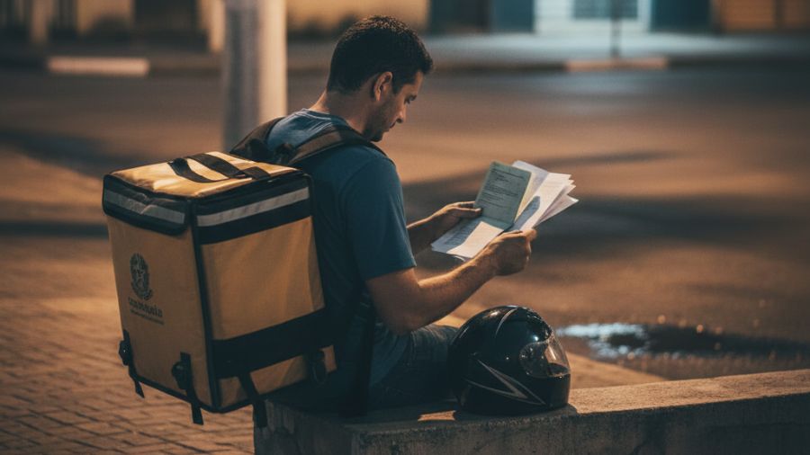 Entregador consulta seus documentos de trabalho relacionados a consulta a advogado trabalhista, usada como imagem ilustrativa do artigo