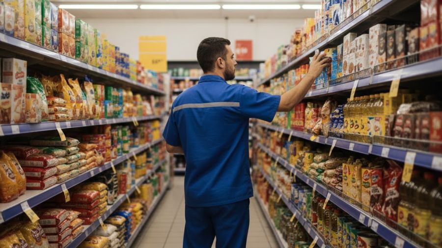Repositor de supermercado organizando produtos em corredor, em situação ligada a advogado trabalhista