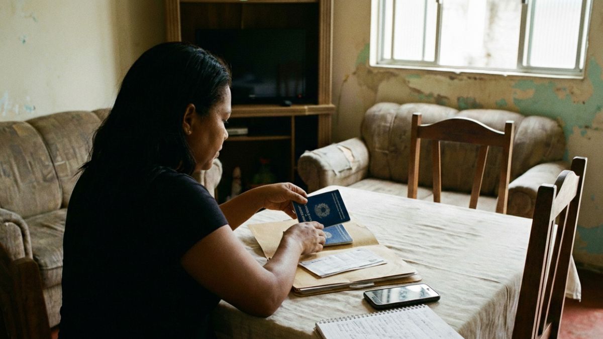 Trabalhadora em casa conferindo carteira de trabalho e papéis de processo trabalhista, usada como imagem destacada do artigo