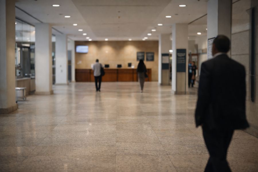 Corredor interno de tribunal trabalhista com piso de pedra, iluminação uniforme e pessoas caminhando no ambiente público