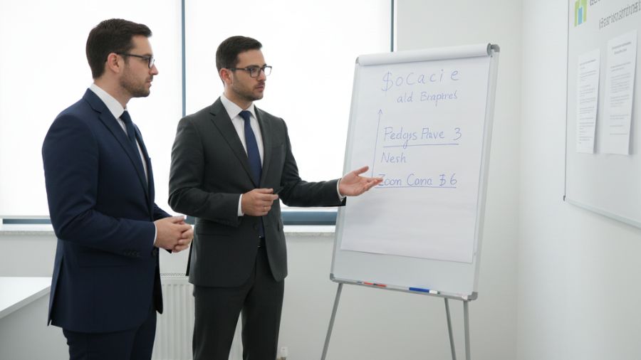 Dois advogados explicam opções de demissão em quadro durante reunião simples