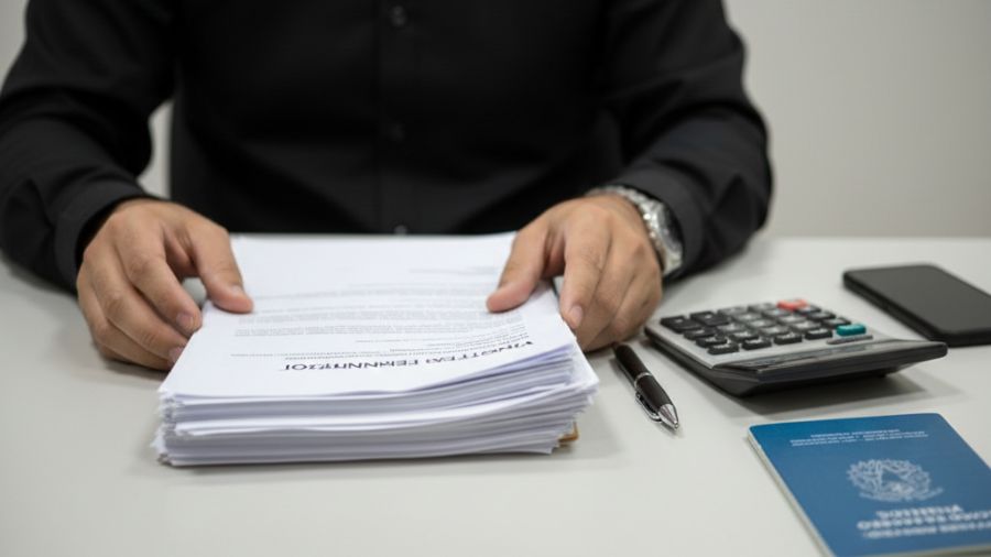 Pessoa analisa papéis de demissão com calculadora e documentos sobre a mesa