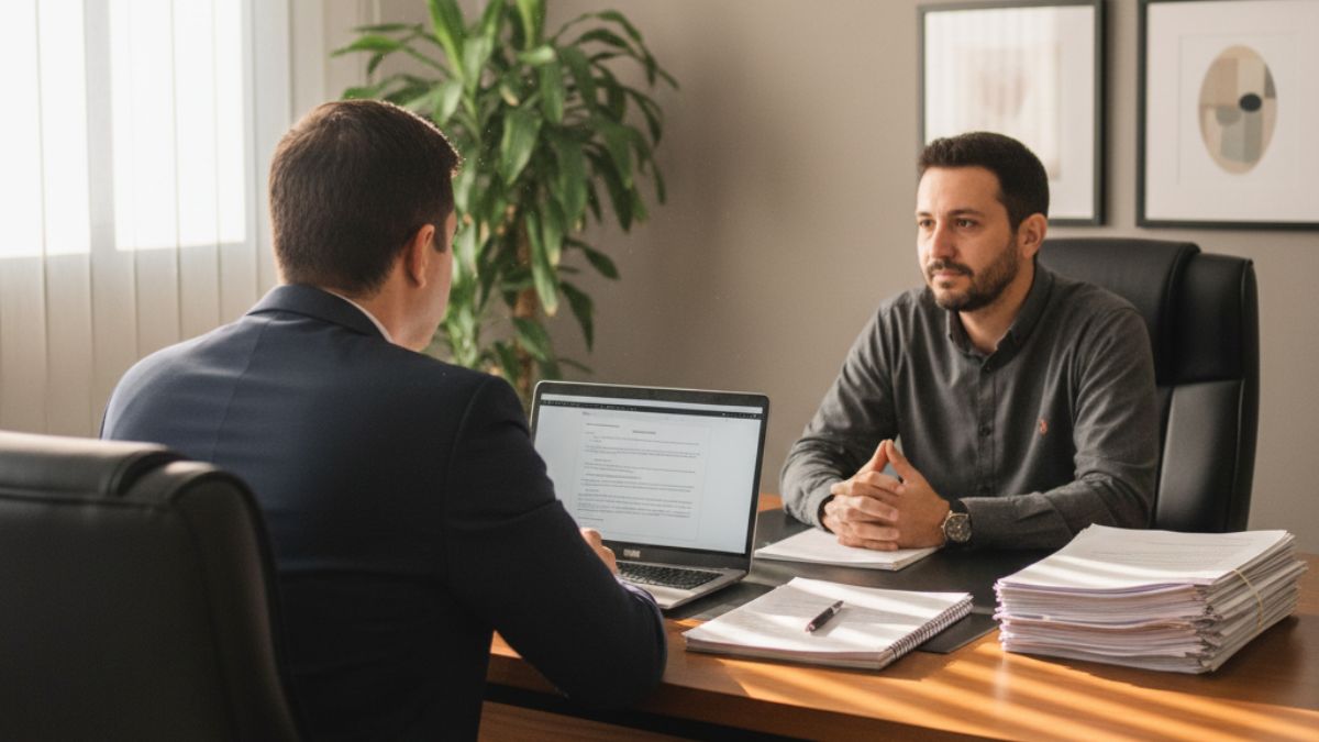 Advogado conversa com cliente, documentos na mesa, sobre demissão e direitos, usada como imagem destacada do artigo