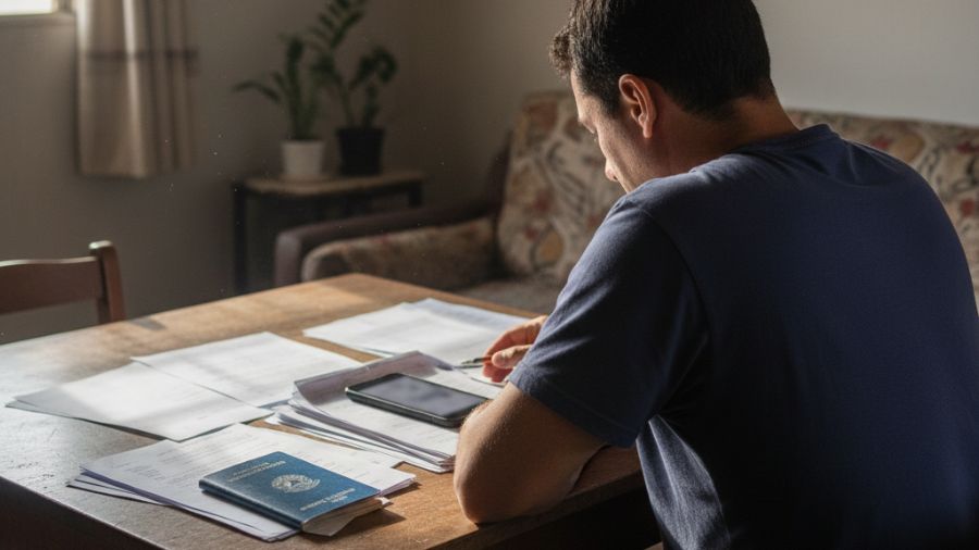 Trabalhador confere documentos de demissão e papéis de rescisão sobre mesa em casa