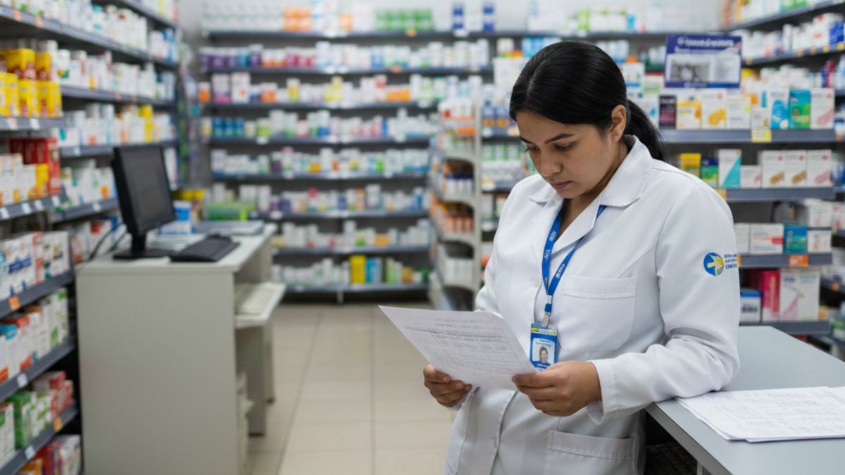 Atendente de farmácia analisa documentos sobre direitos trabalhistas, usada como imagem destacada do artigo
