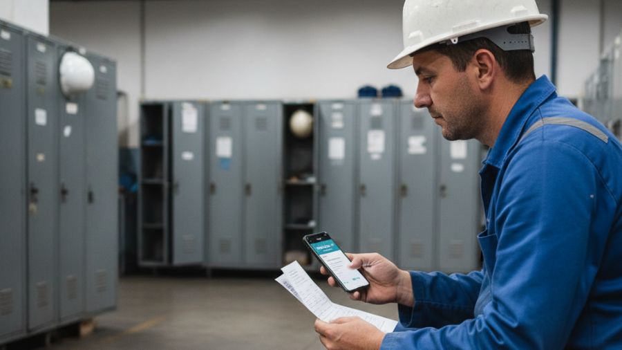 Operário de fábrica confere holerite e FGTS pelo celular em vestiário simples, pensando em seus direitos trabalhistas