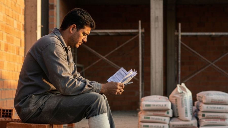 Pedreiro com perna enfaixada analisa documentos em obra após acidente de trabalho, refletindo sobre direitos trabalhistas.