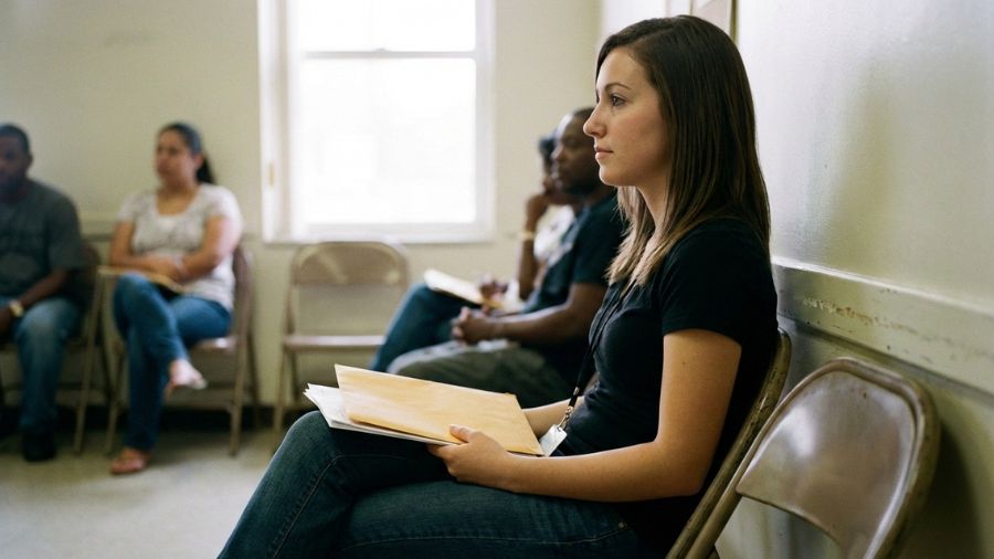 Mulher jovem segurando envelope com documentos enquanto aguarda em sala simples de espera para atendimento jurídico